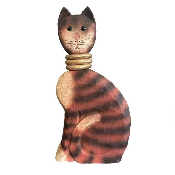 James Haddon Hand Carved Wooden Cat Figurine Folk Art Hand Painted Green Eyes - Picture 7 of 7